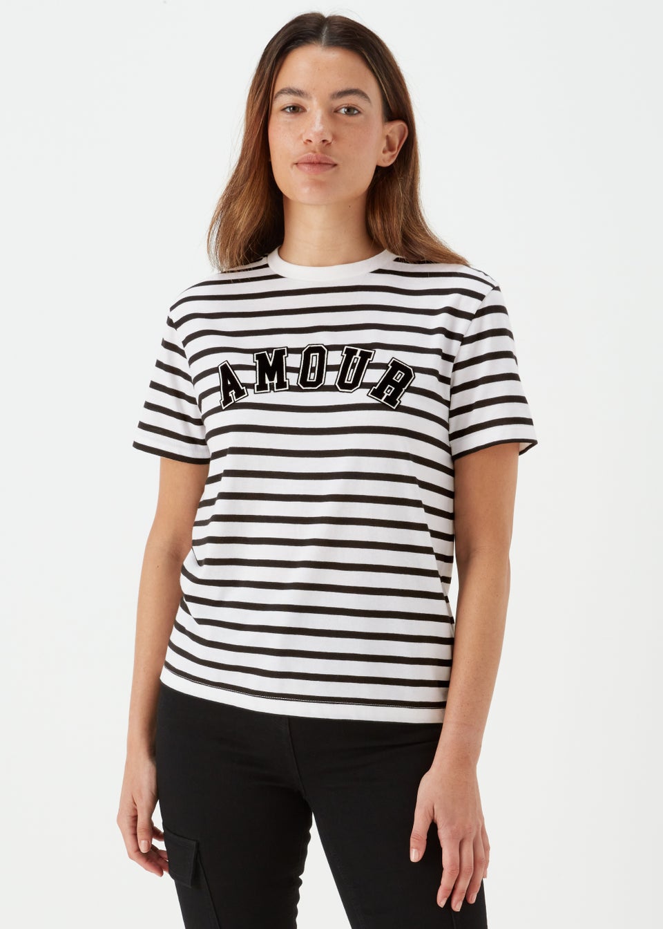Black & White Stripe Amore Print T-Shirt