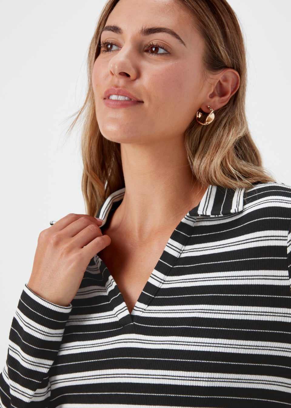 Black & White Stripe Long Sleeve Polo Shirt