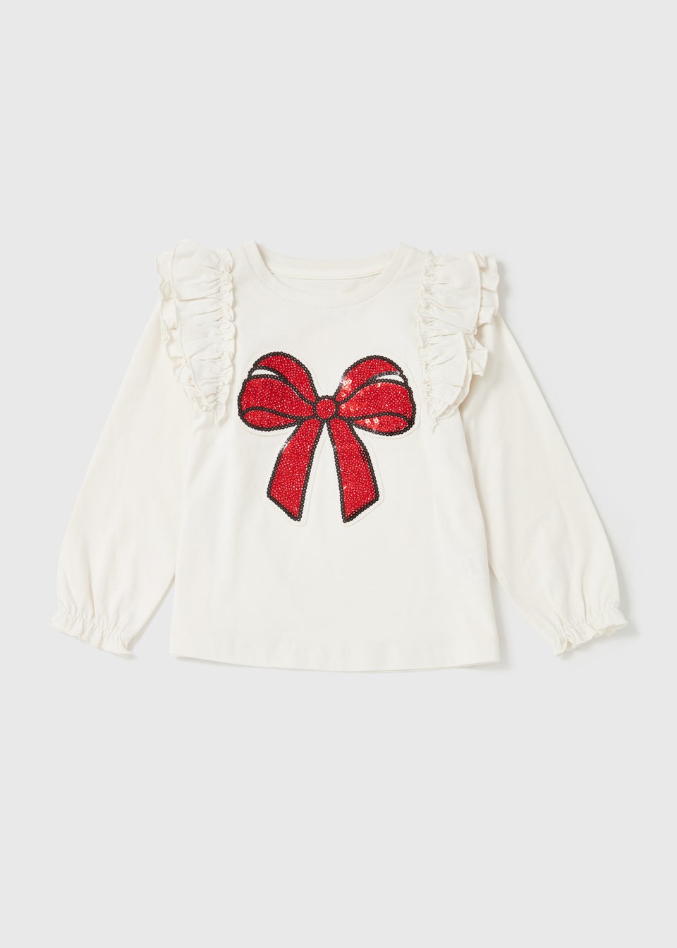 Girls Cream Bow Print Frill Long Sleeve T-Shirt (9mths-6yrs)