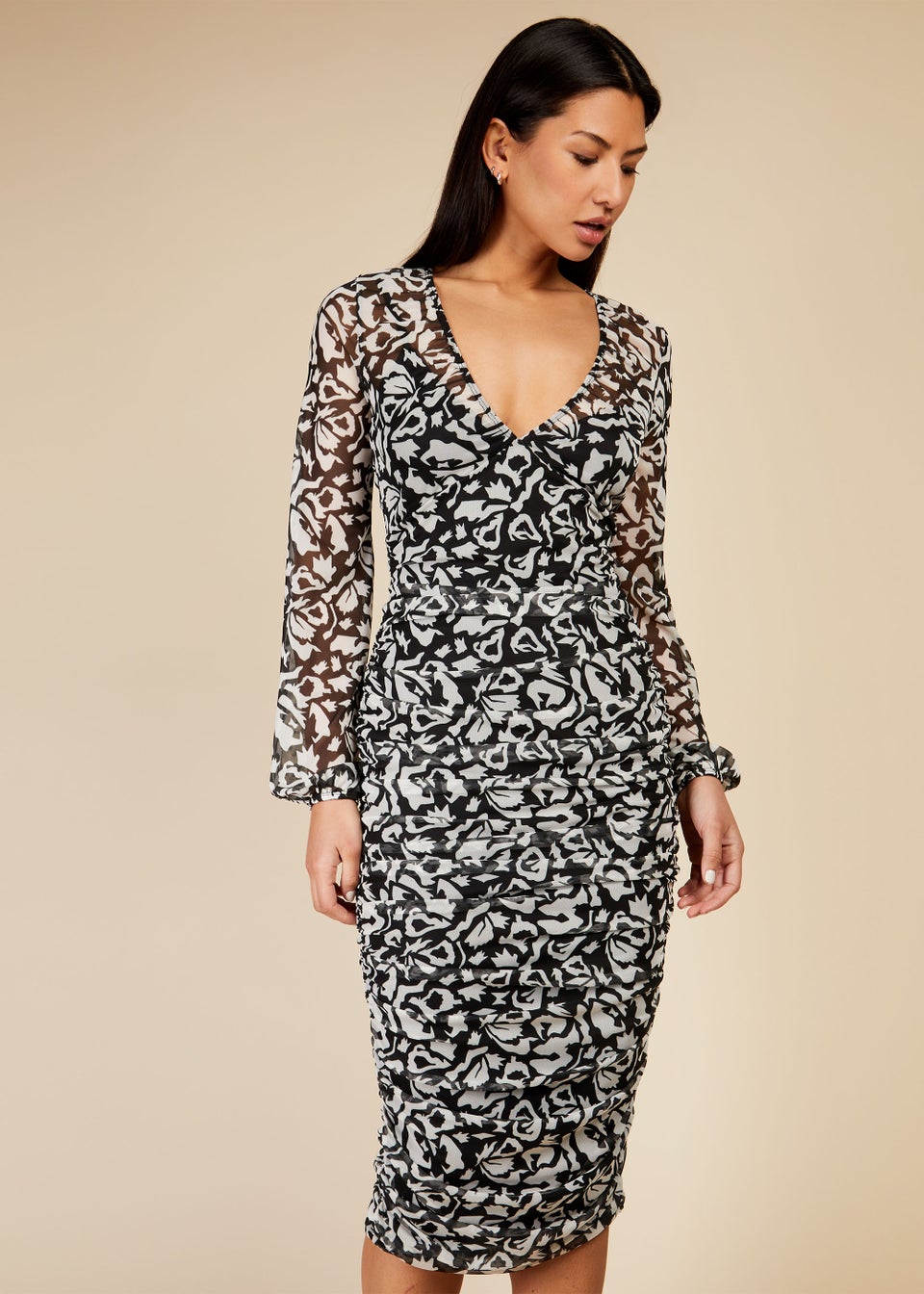 Little Mistress Black & White Print Mesh Midi Dress