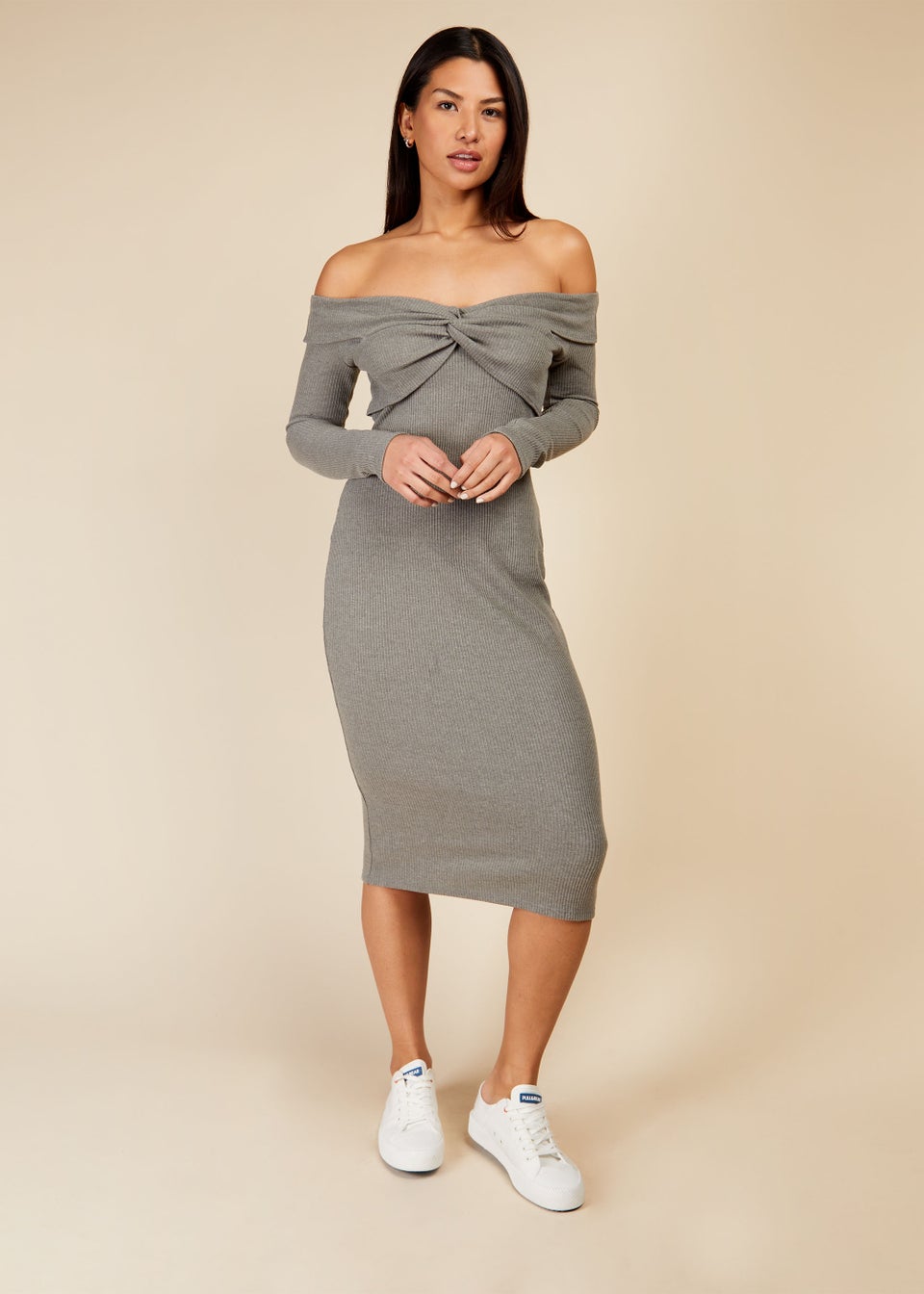 Little Mistress Grey Bardot Knitted Midi Dress - Matalan