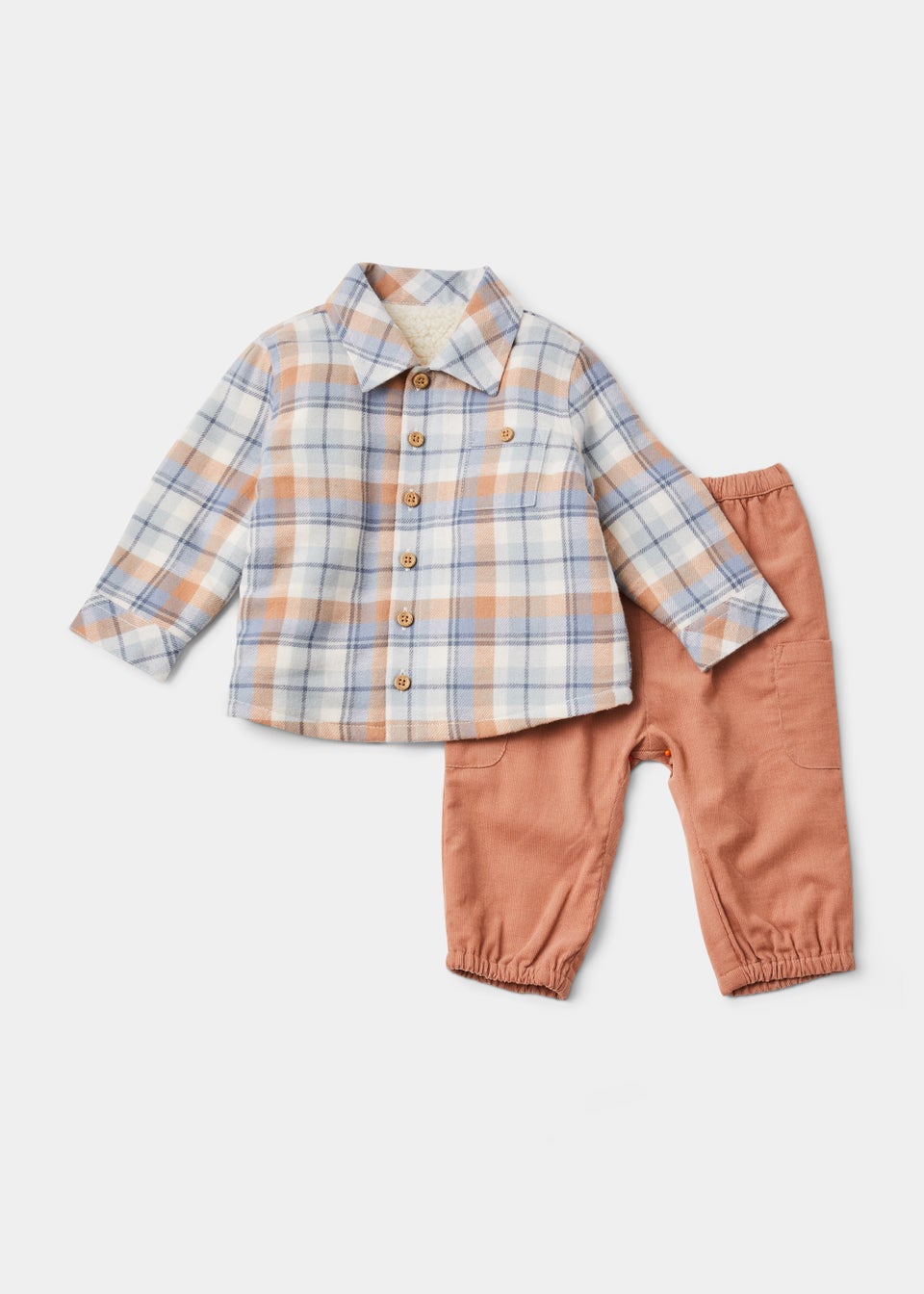 Baby Blue Check Shirt Jacket & Brown Cord Trousers Set (Newborn-23mths)