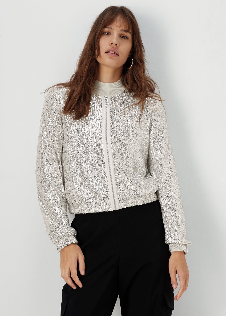 Et Vous Silver Sequin Bomber Jacket - Matalan