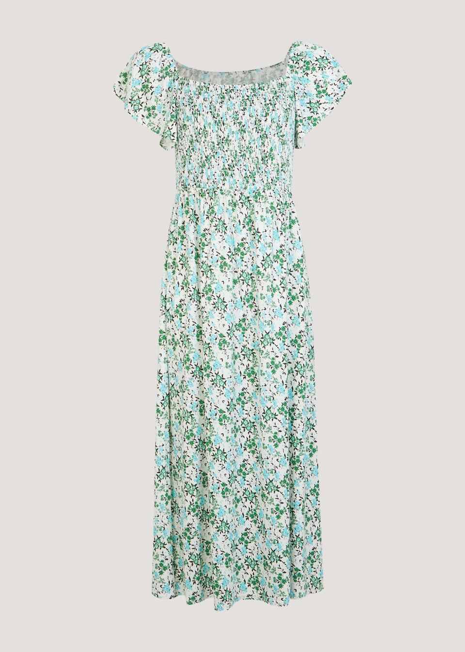 Green Ditsy Print Shirred Midi Dress