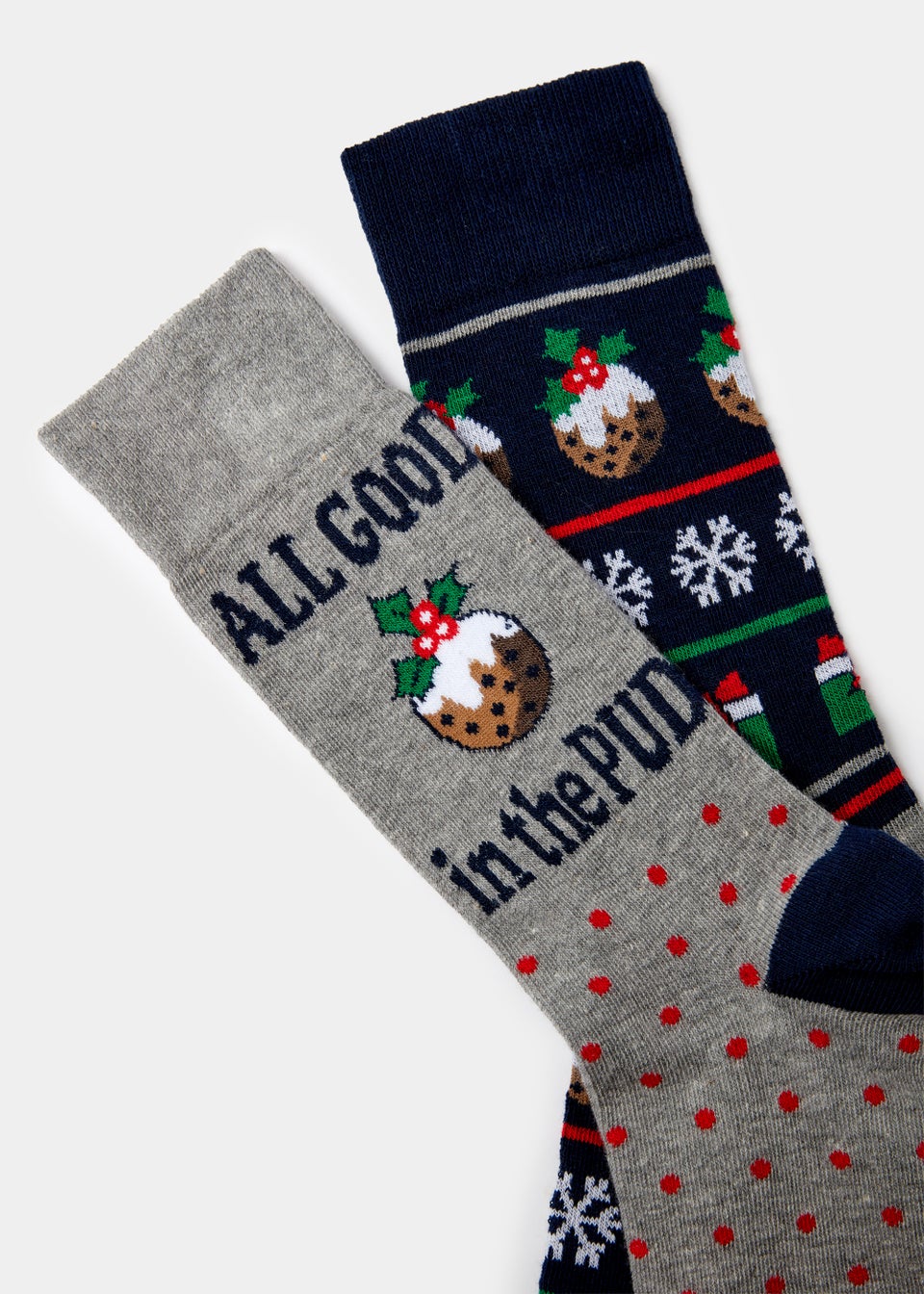 2 Pack Grey Christmas Pudding Print Socks