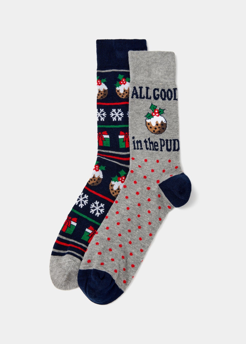 2 Pack Grey Christmas Pudding Print Socks
