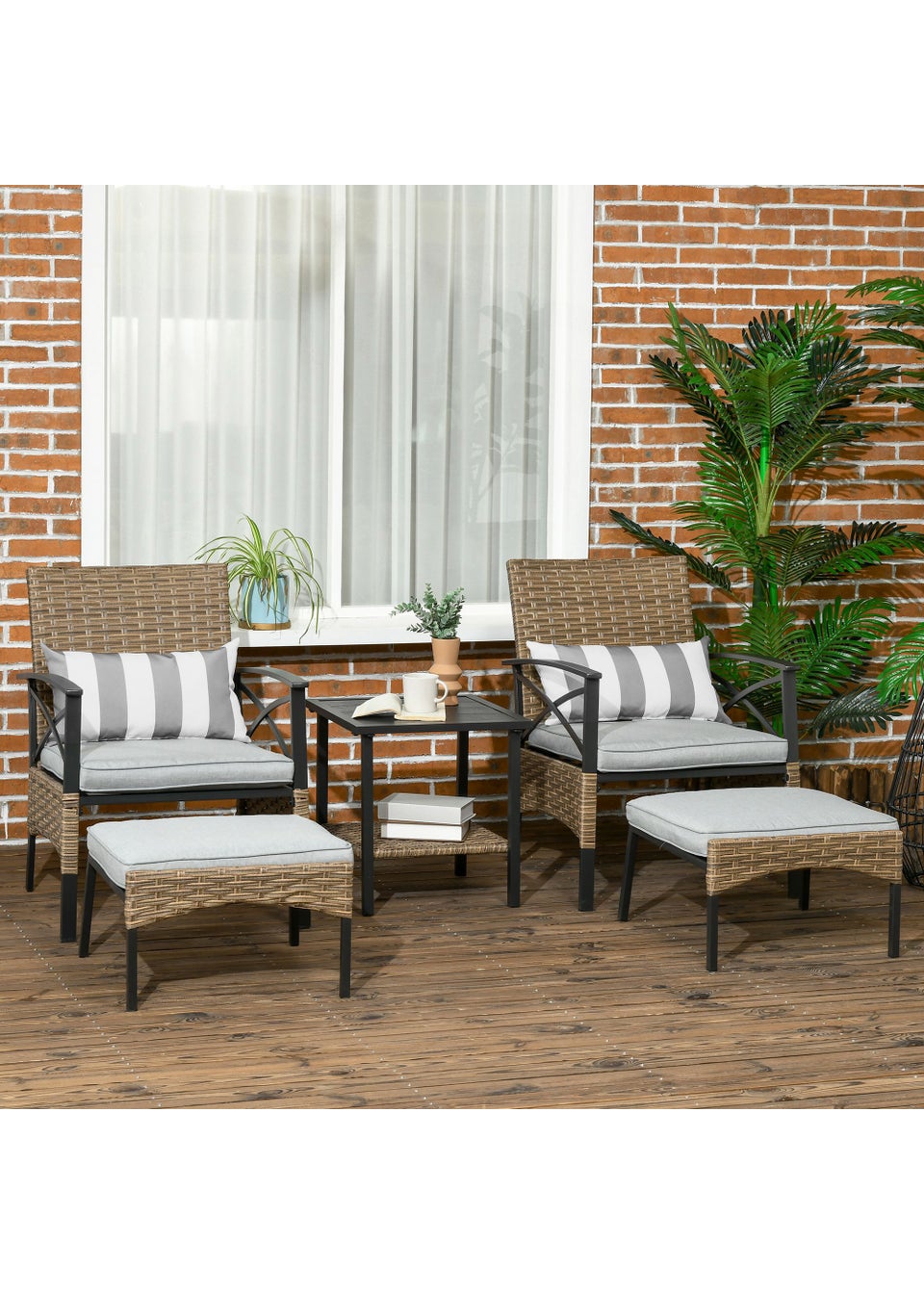 Outsunny 5 piece Rattan Garden Furniture Set with Chair, Footstool and Table, Grey