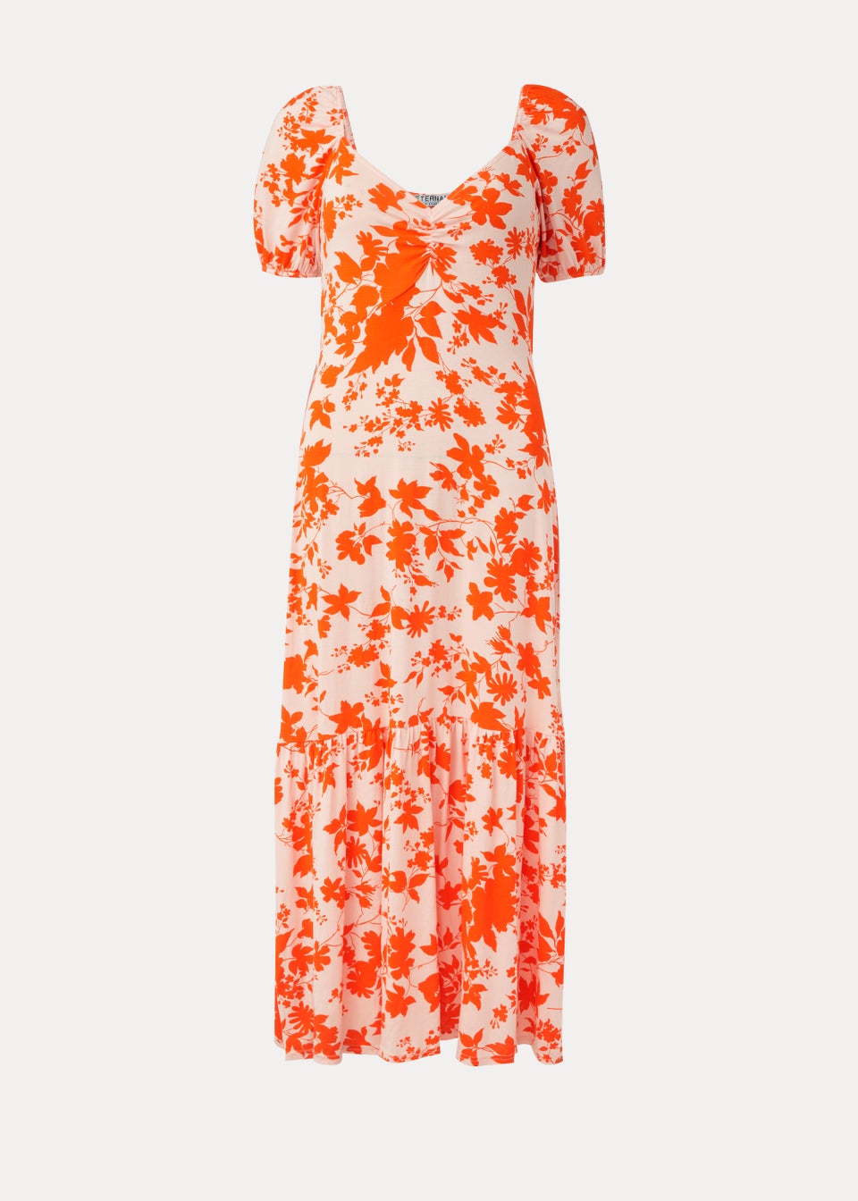 Orange Floral Print Sweetheart Midi Dress