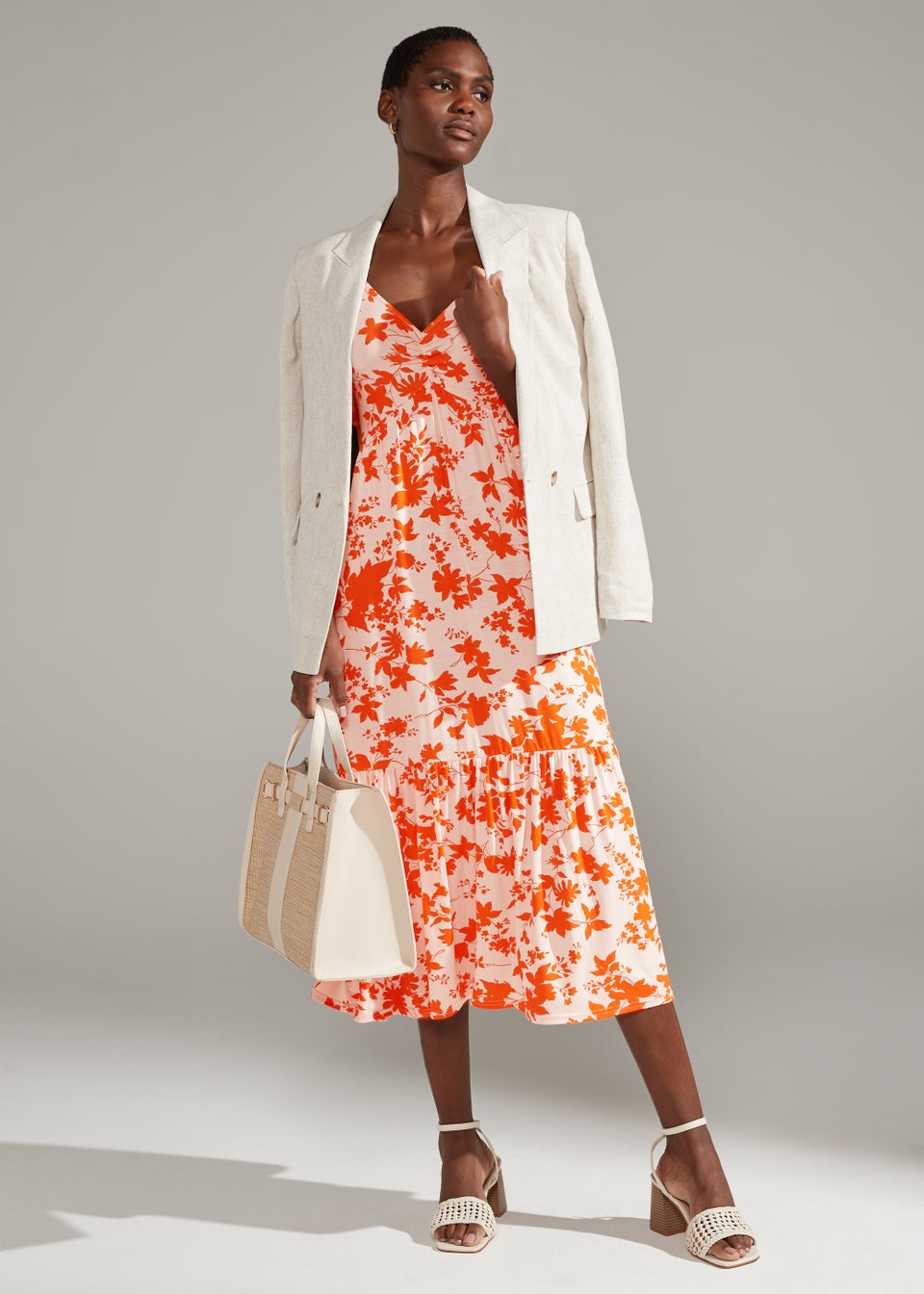 Orange Floral Print Sweetheart Midi Dress