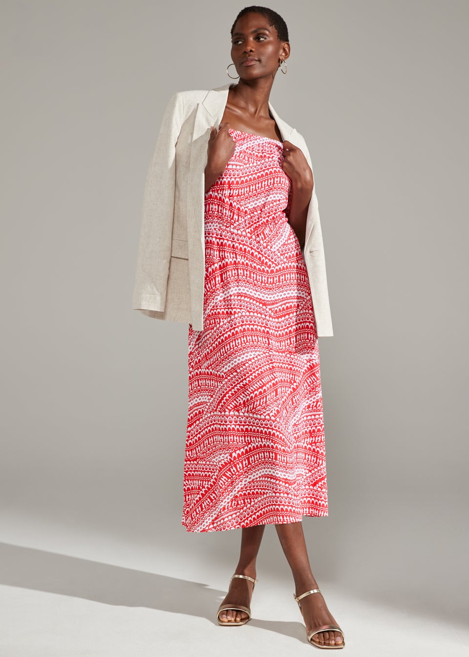 Red Tile Print Bardot Midi Dress