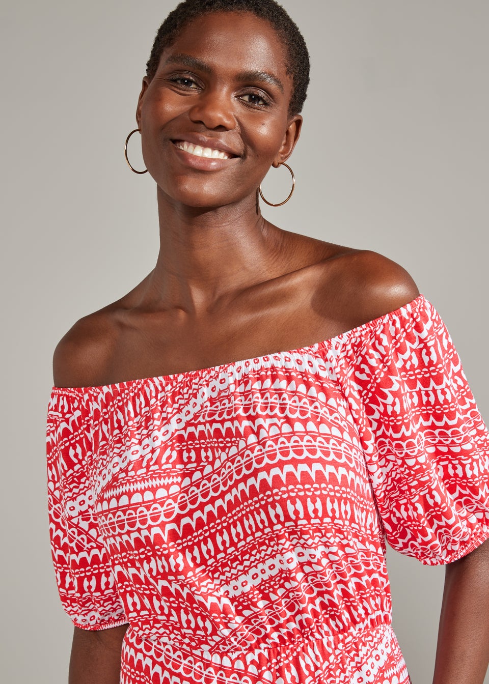 Red Tile Print Bardot Midi Dress
