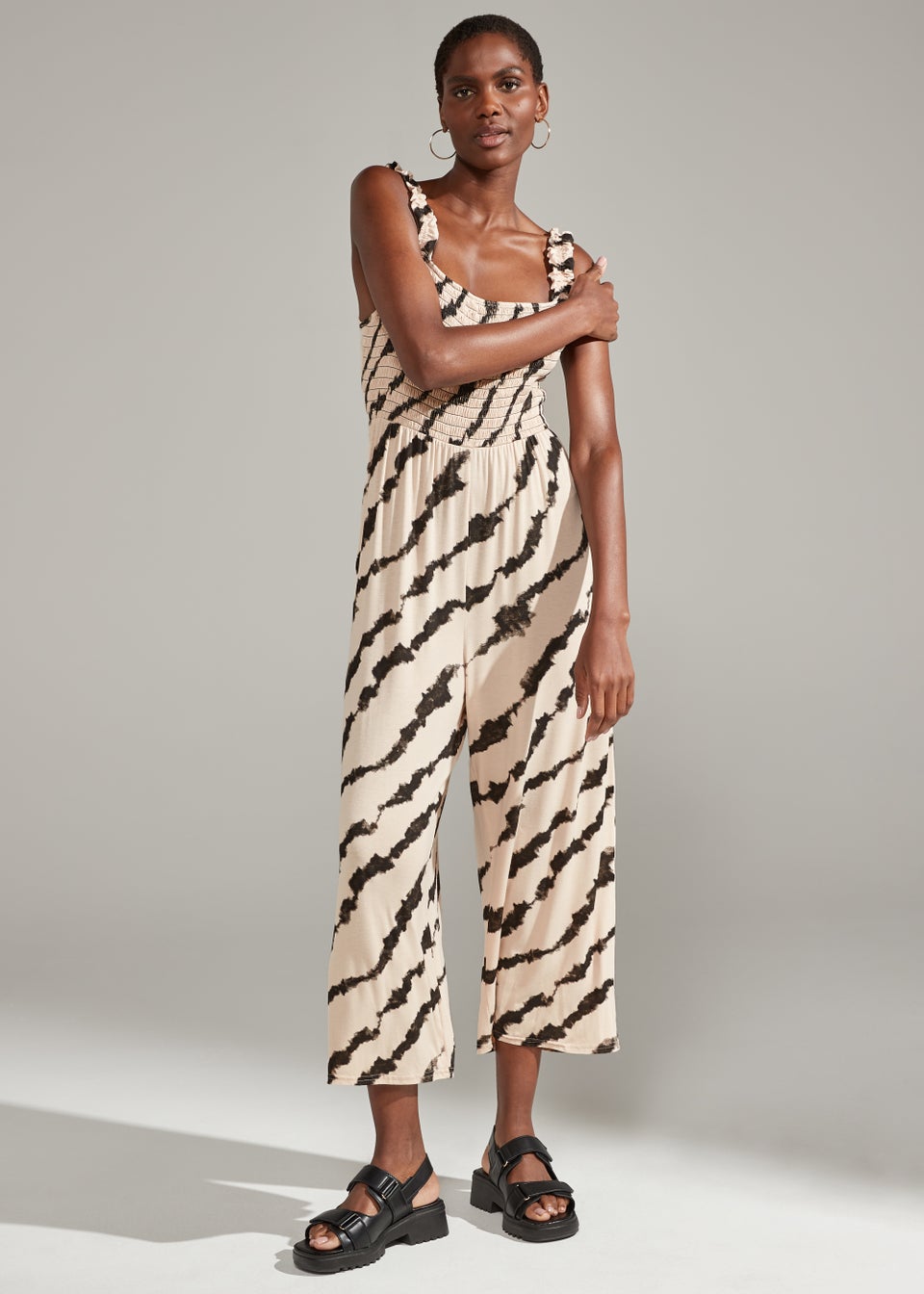 Beige Shirred Tie Dye Print Jumpsuit