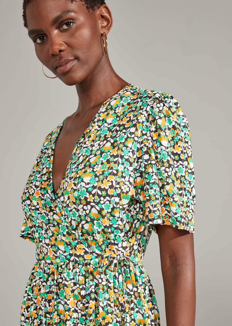 Black Ditsy Floral Print Wrap Mini Dress