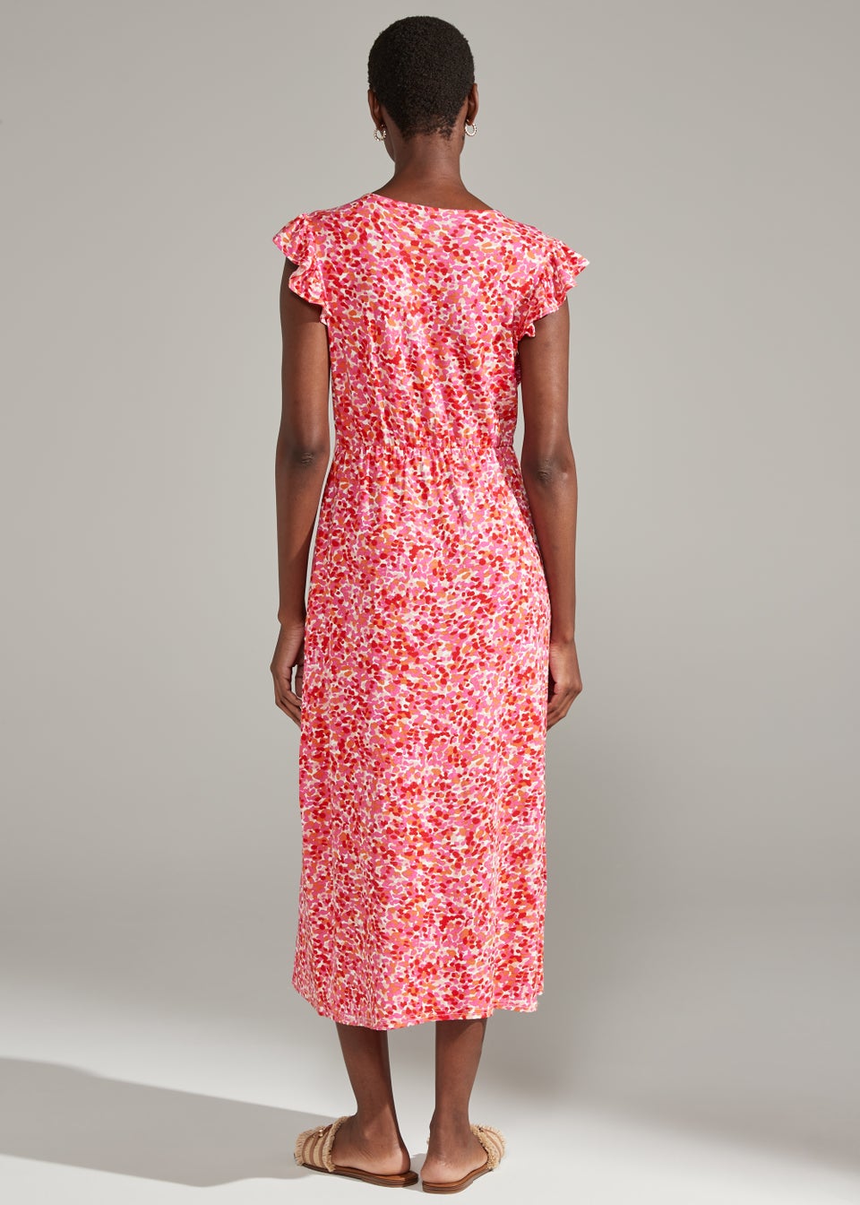 Pink Camouflage Print Frill Sleeve Midi Dress