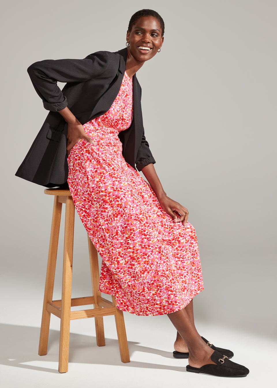 Pink Camouflage Print Frill Sleeve Midi Dress