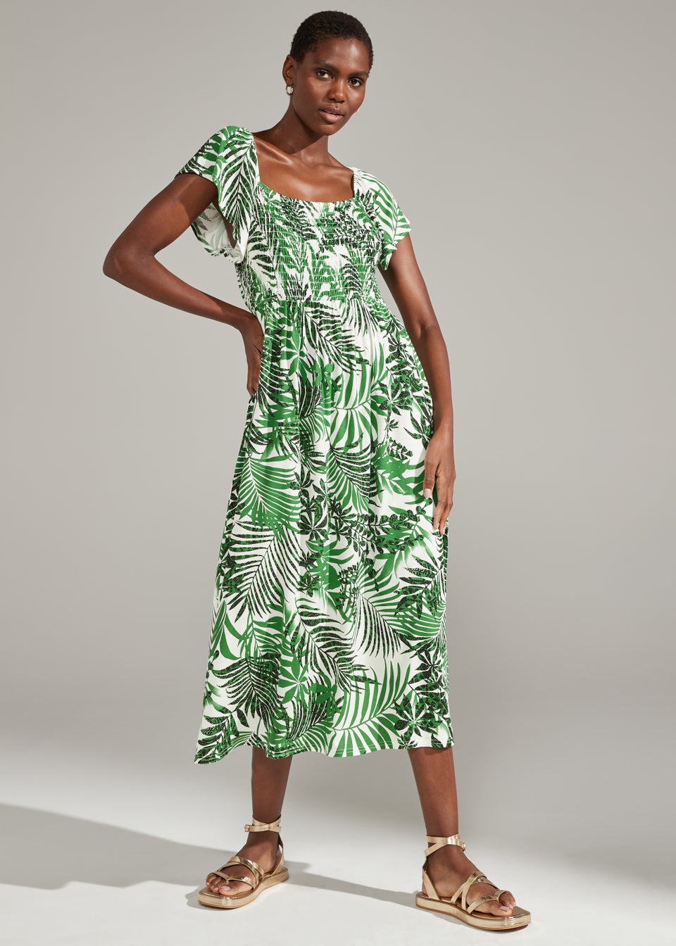 Green Leaf Print Shirred Midi Dress - Matalan