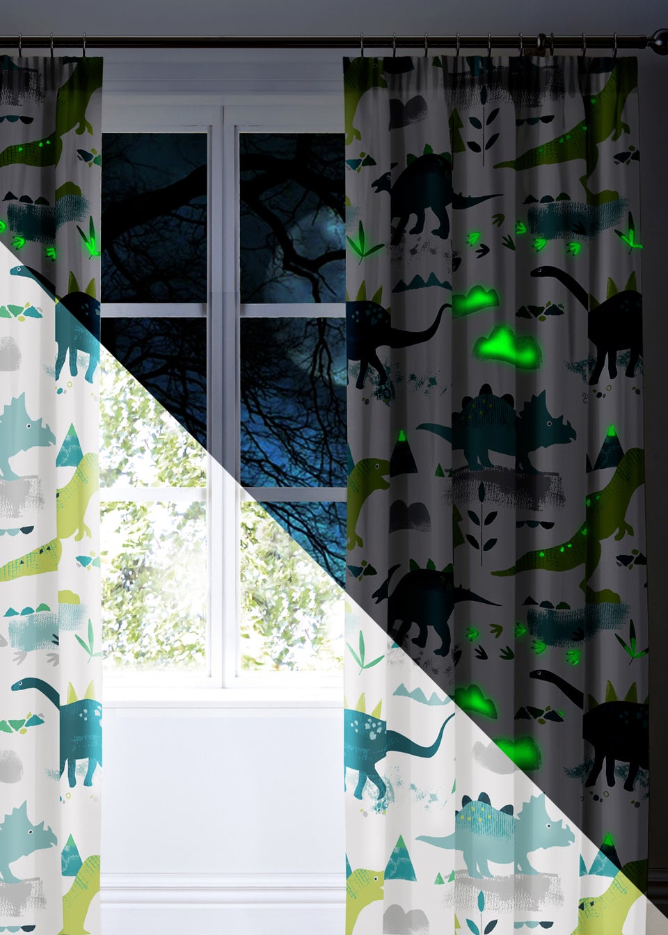Bedlam Dino Glow in the Dark Multi Pencil Pleat Curtains