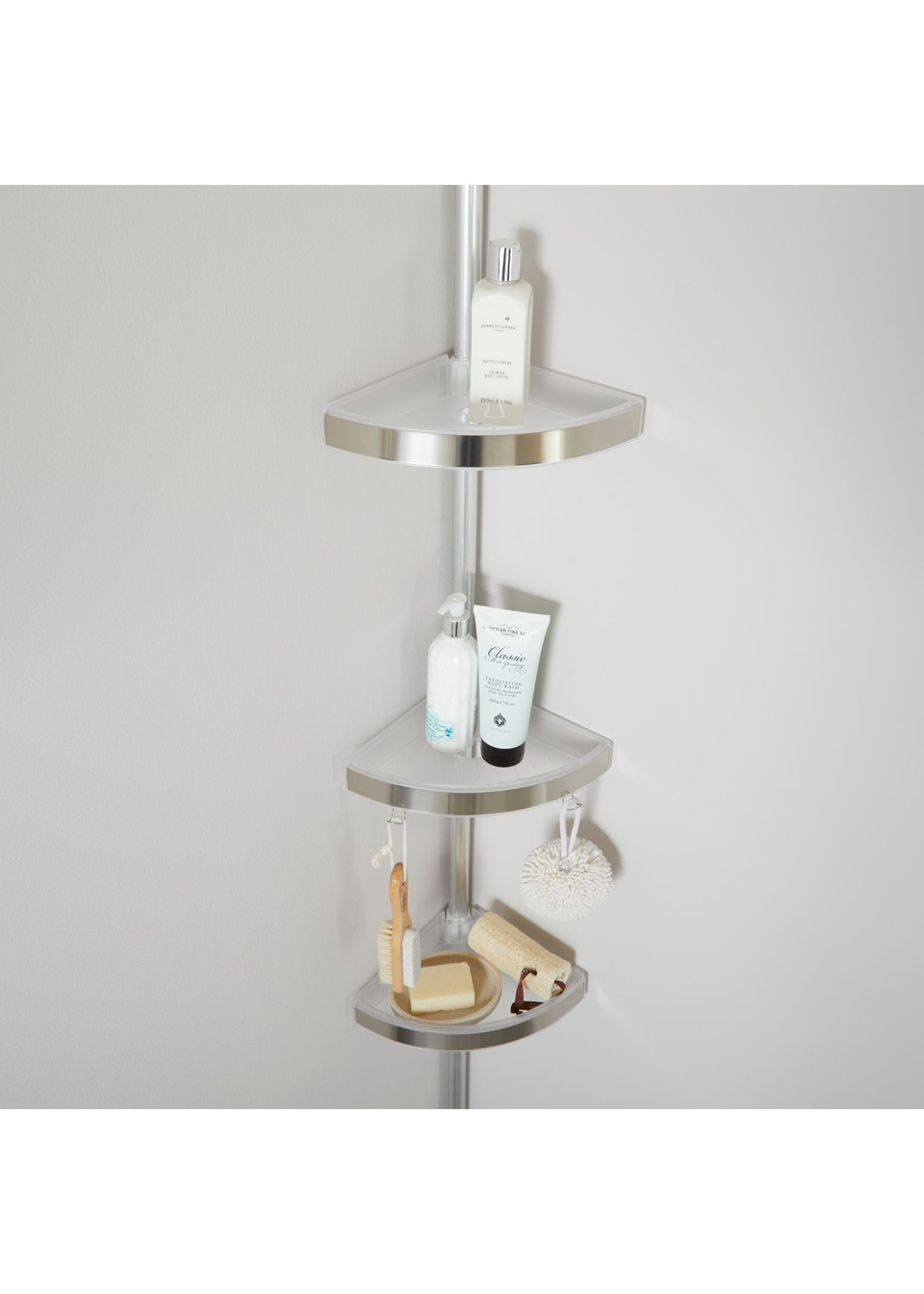 Corner outlet storage shower