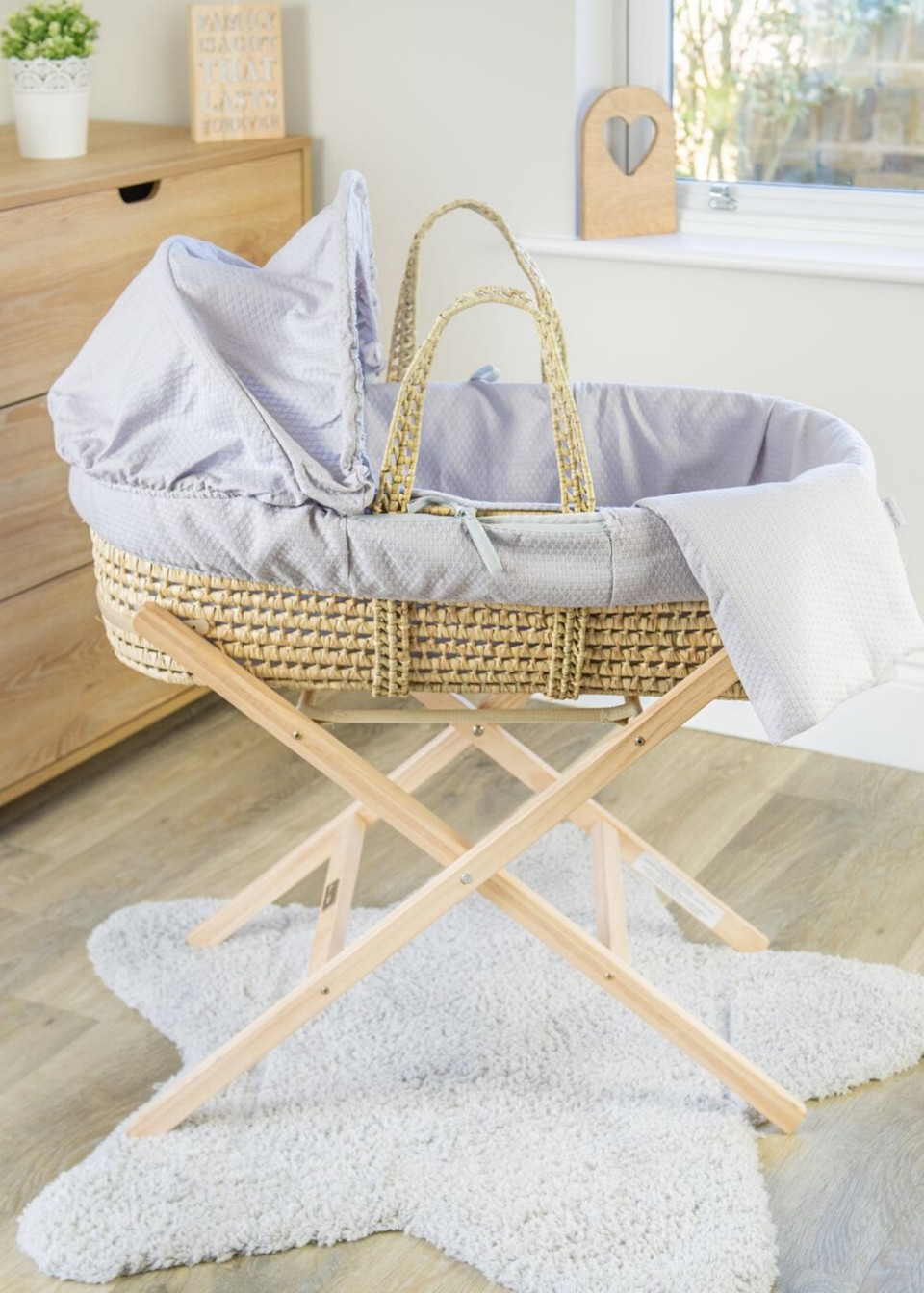 Clair de Lune Grey Cotton Dream Palm Moses Basket With Natural Folding Stand