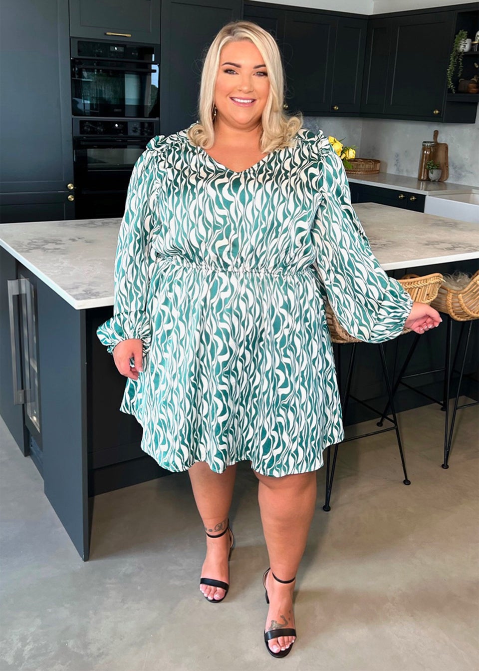 In The Style Jess Millichamp Green Abstract Print Ruffle Dress