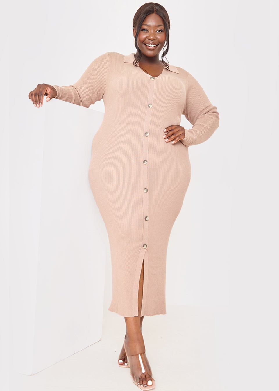In the Style Jac Jossa Camel Ribbed Button Midaxi Dress