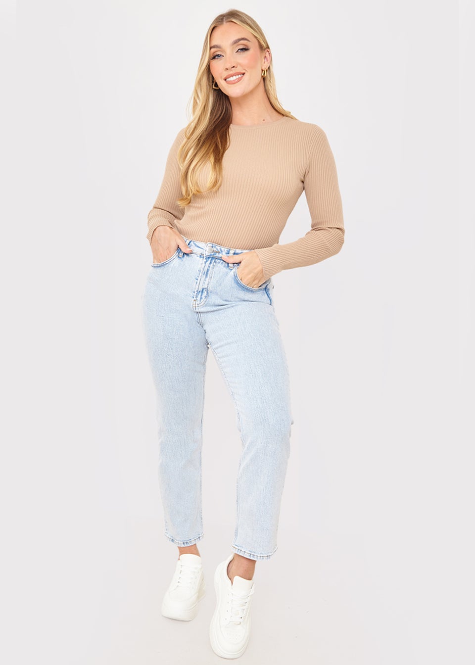 In the Style Jac Jossa Camel Ribbed Crew Neck Bodysuit
