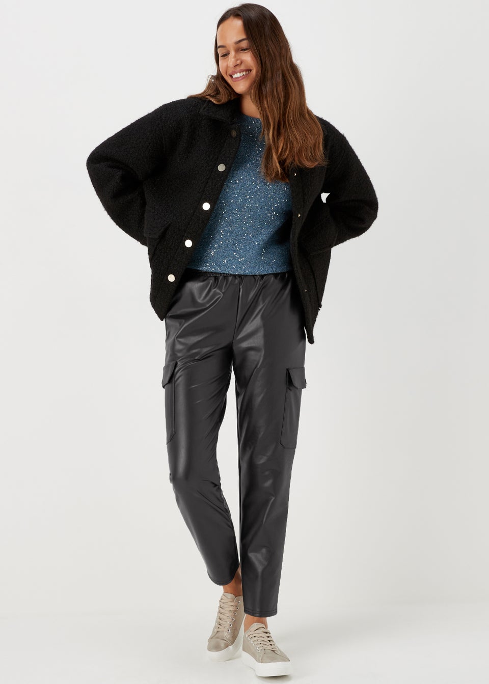 Papaya Petite Black PU Cargo Trousers