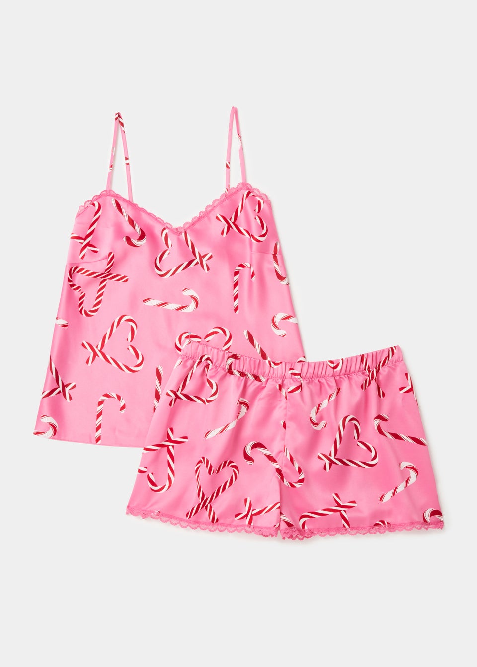 Pink Christmas Candy Cane Satin Cami Pyjama Set