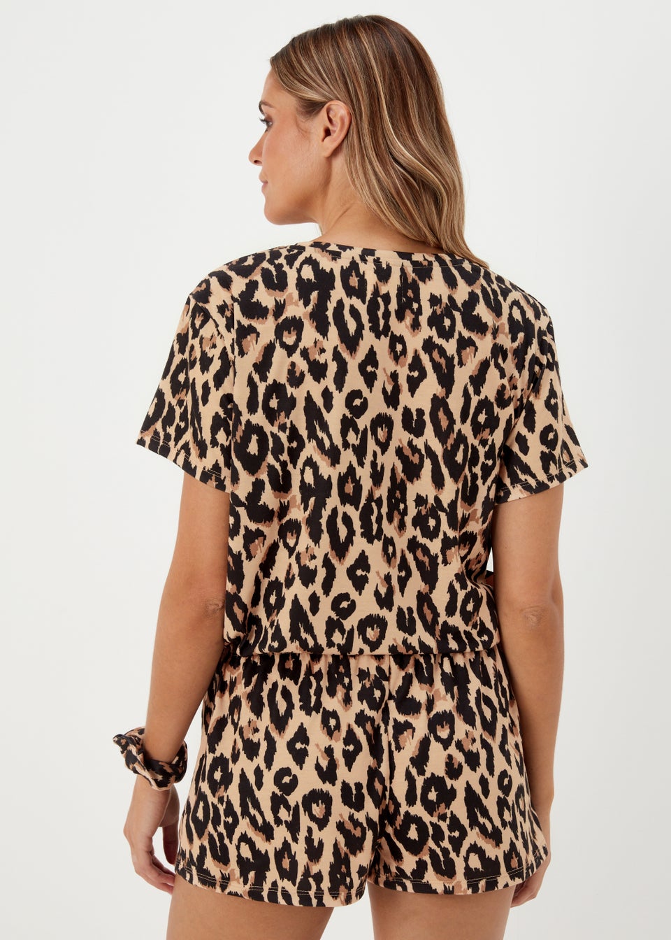 Brown Animal Print Short Pyjama & Scrunchie Set