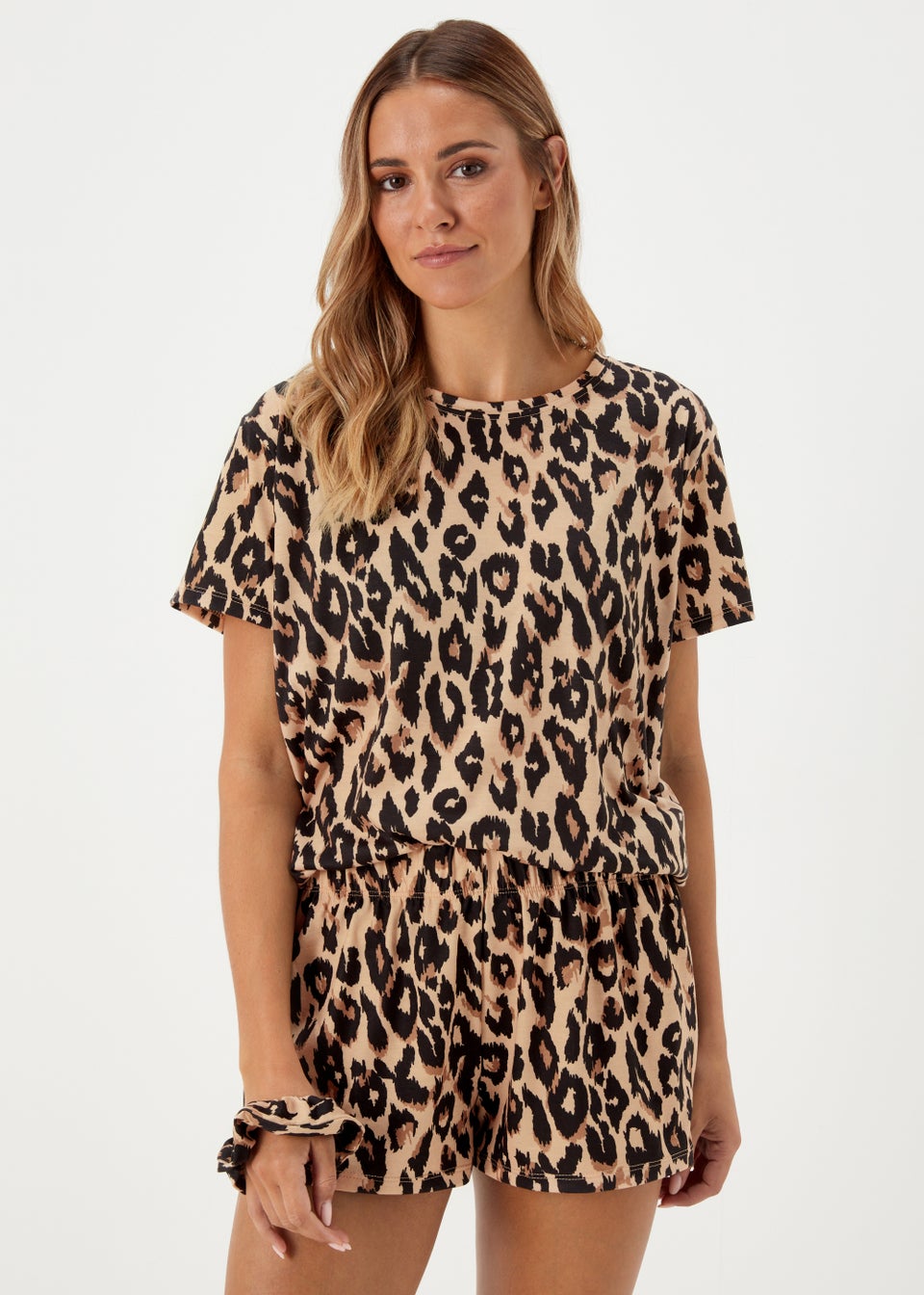 Brown Animal Print Short Pyjama Scrunchie Set Matalan