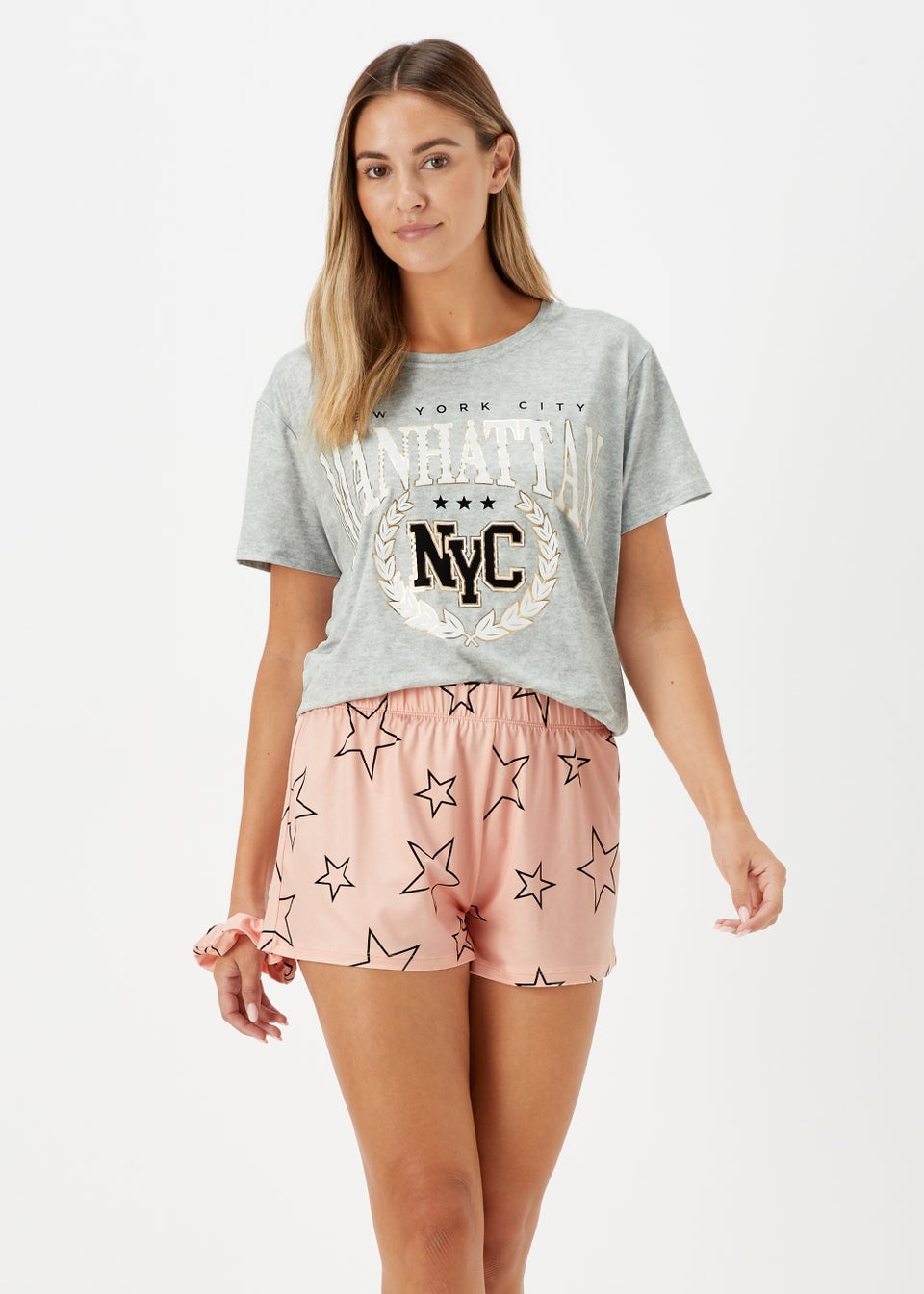 Grey & Pink Varity Print Short Pyjama & Scrunchie Set