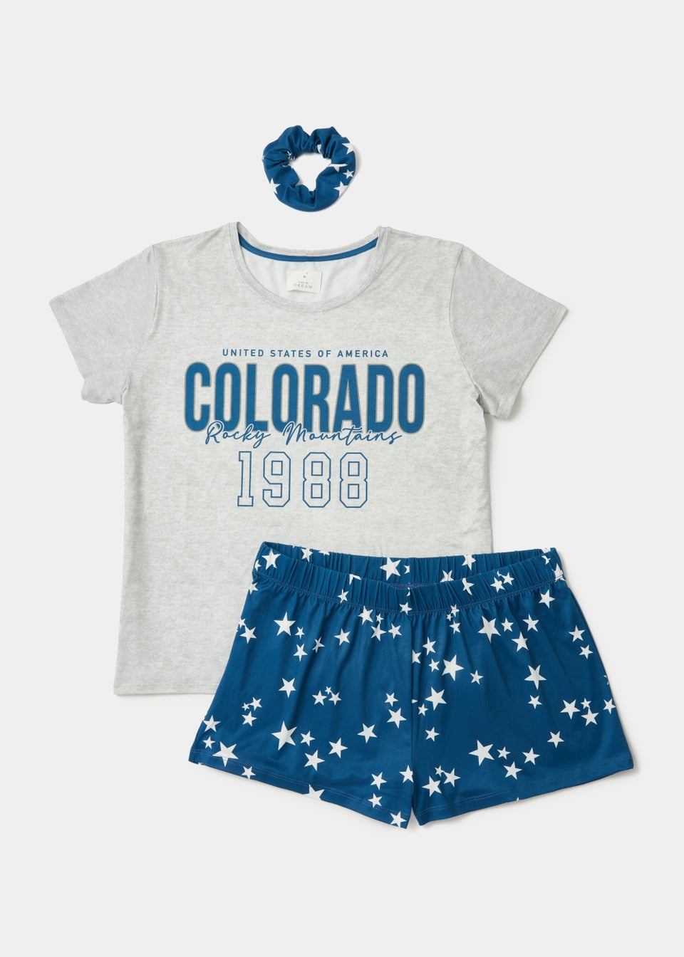 Grey & Blue Colorado Print Short Pyjama & Scrunchie Set
