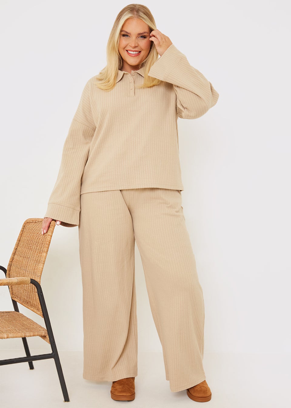 In the Style Gemma Atkinson Beige Brushed Ribbed Co-Ord Trousers