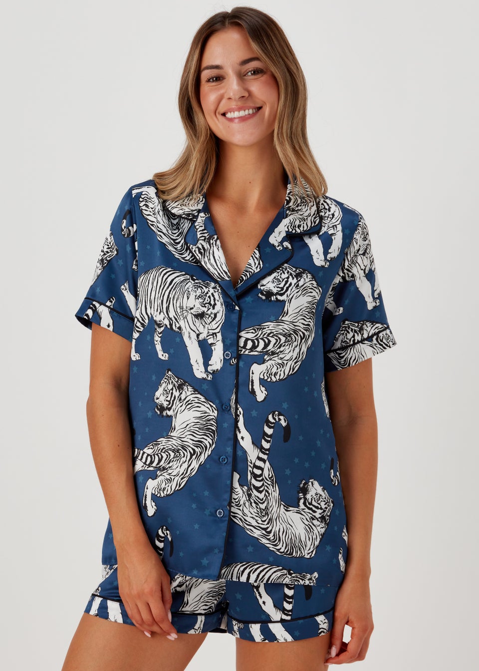 Navy Tiger Satin Short Pyjama Set Matalan