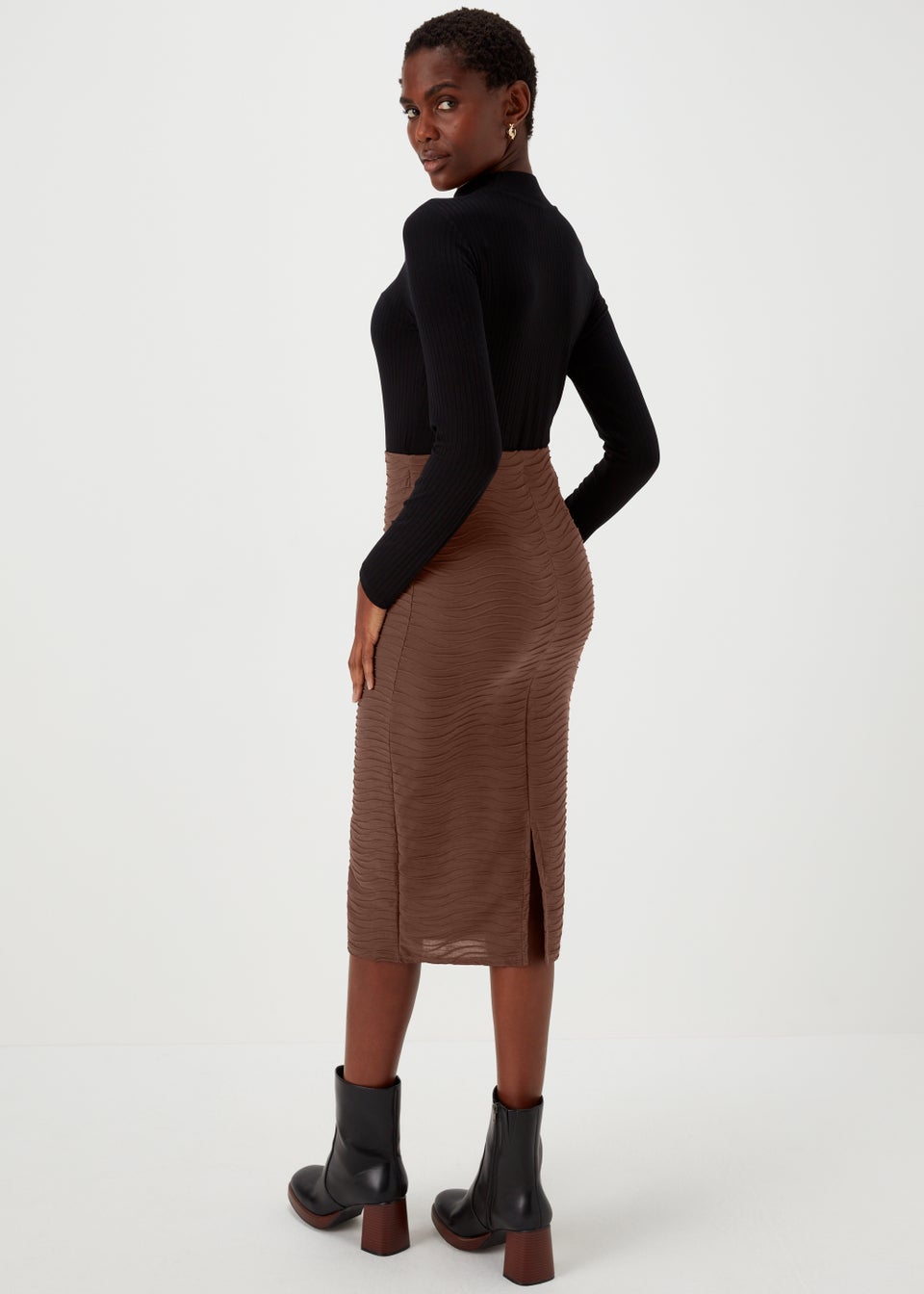 Burgundy Textured Jersey Midi Skirt