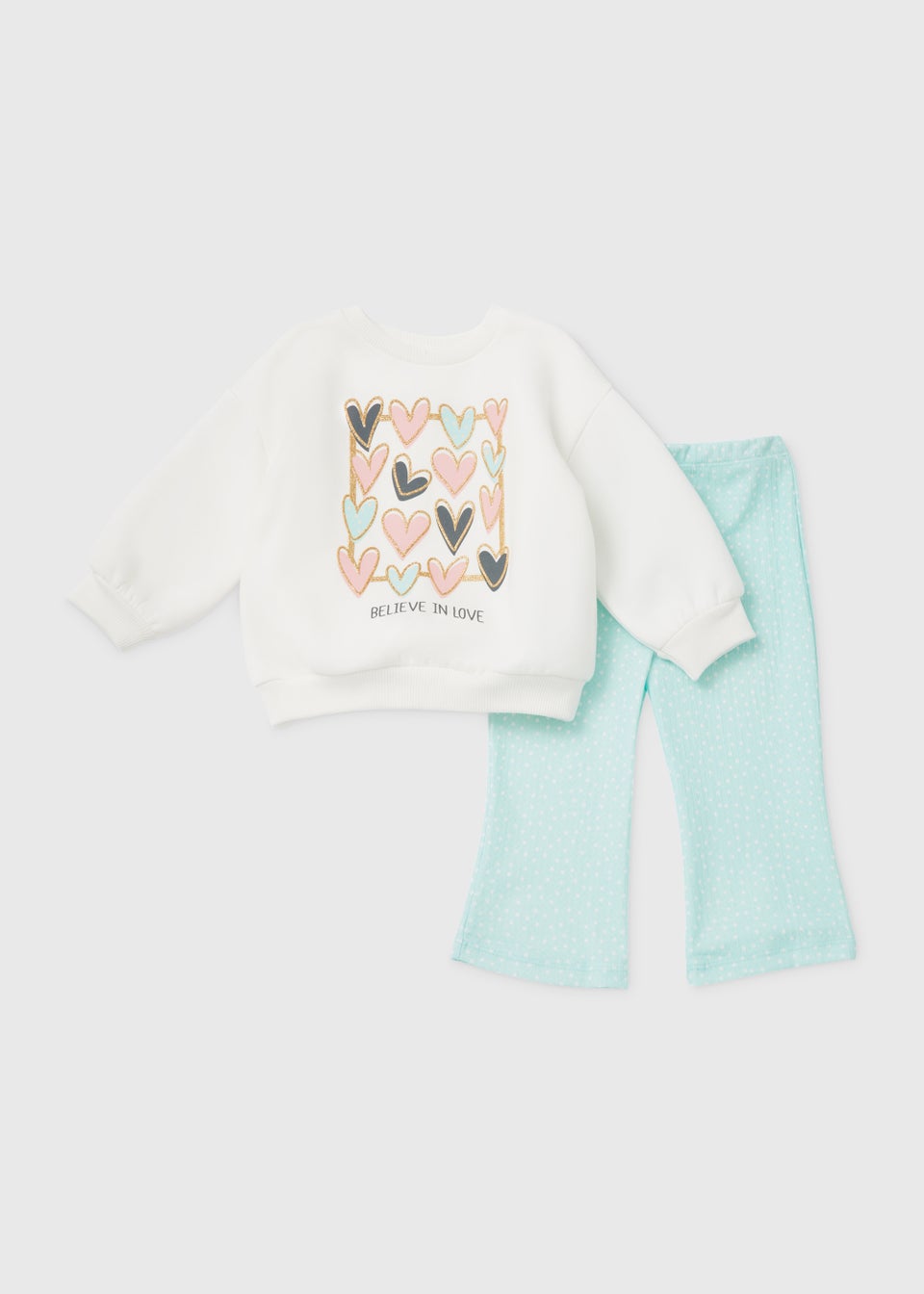 Girls Cream & Blue Heart Spot Sweatshirt & Trousers Set (9mths-6yrs)