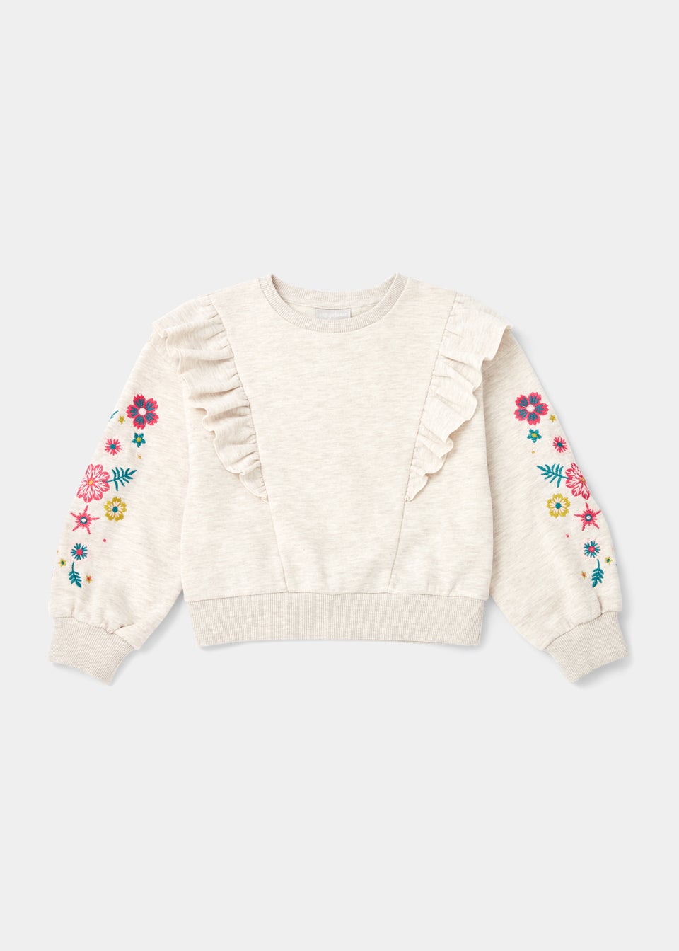 Girls Oatmeal Marl Embroidered Frill Sweatshirt (4-13yrs)