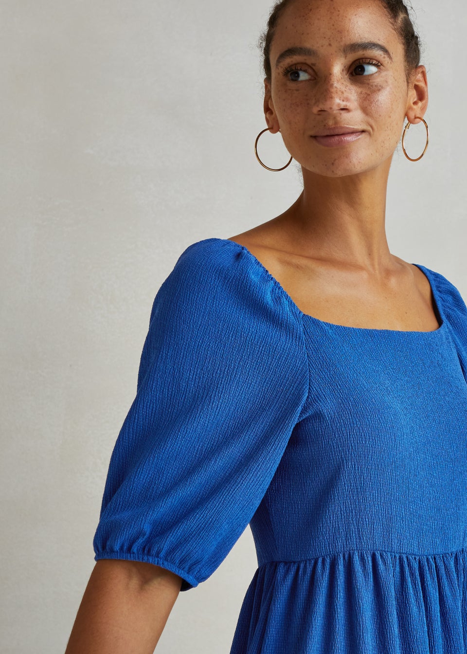 Denim Blue Square Neck Textured Midi Dress