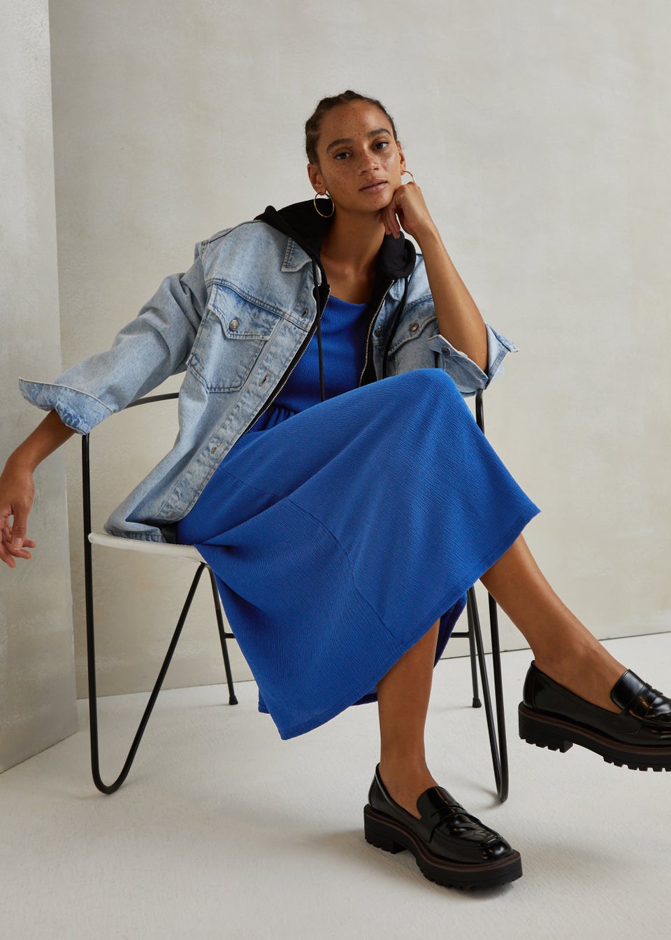 Denim Blue Square Neck Textured Midi Dress