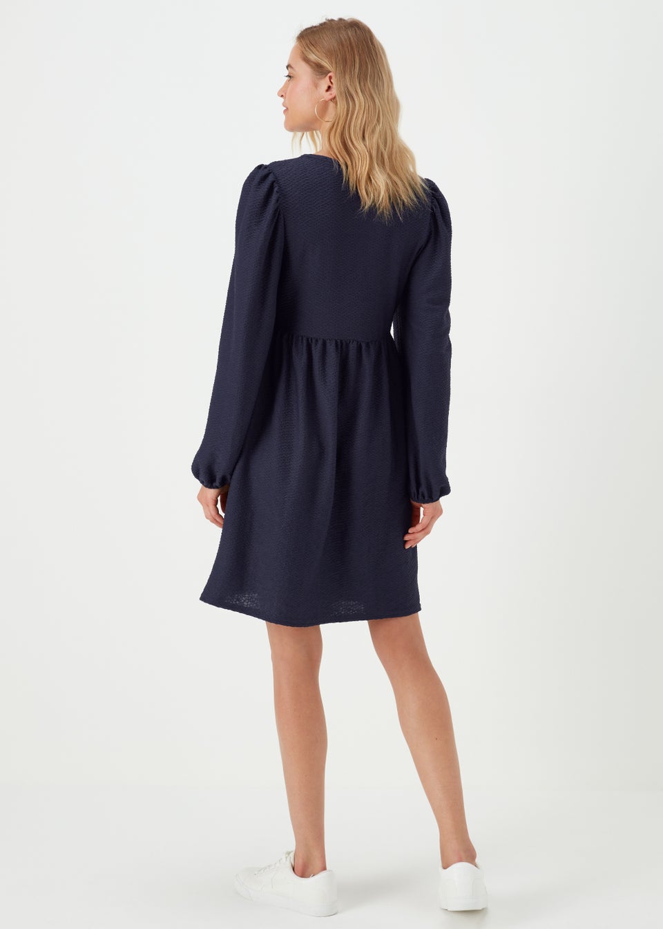 Navy Textured Long Sleeve Mini Dress