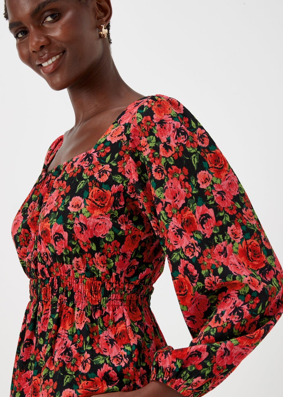 Black Rose Print Shirred Long Sleeve Top