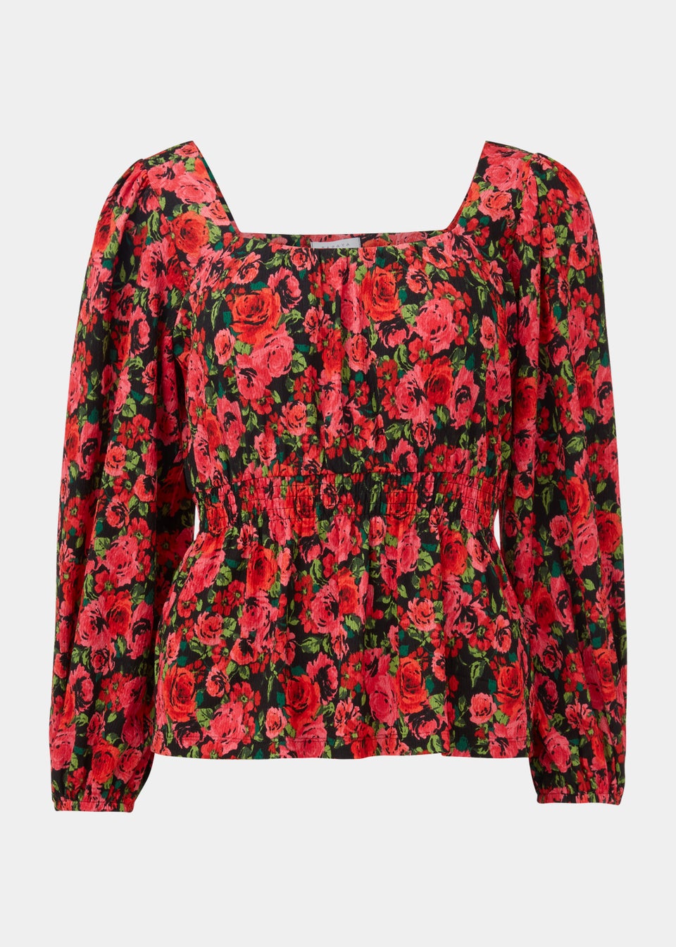 Black Rose Print Shirred Long Sleeve Top