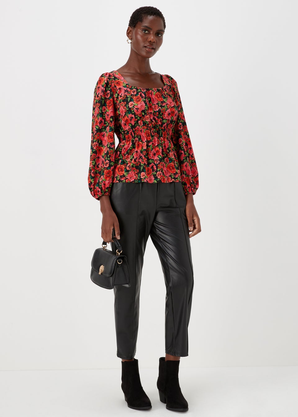 Black Rose Print Shirred Long Sleeve Top