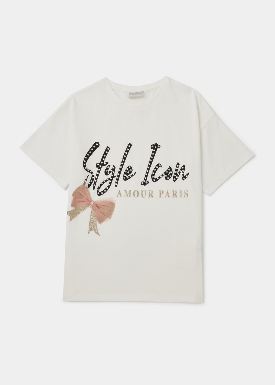 Girls Cream Pearl Bow Trim T-Shirt (4-13yrs) - Matalan