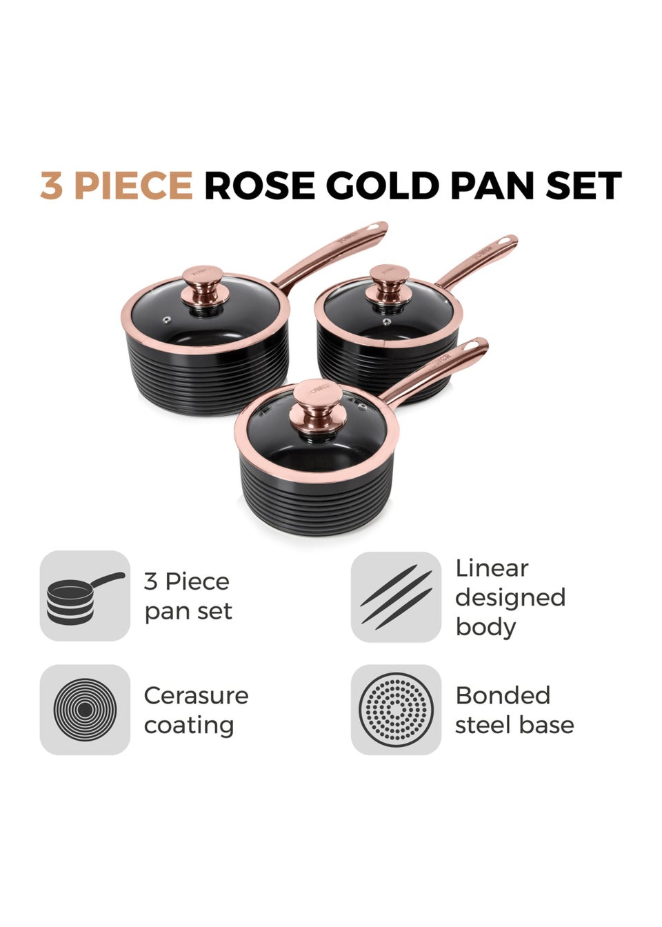 Tower Linear Rose Gold 3 Piece Saucepan Set