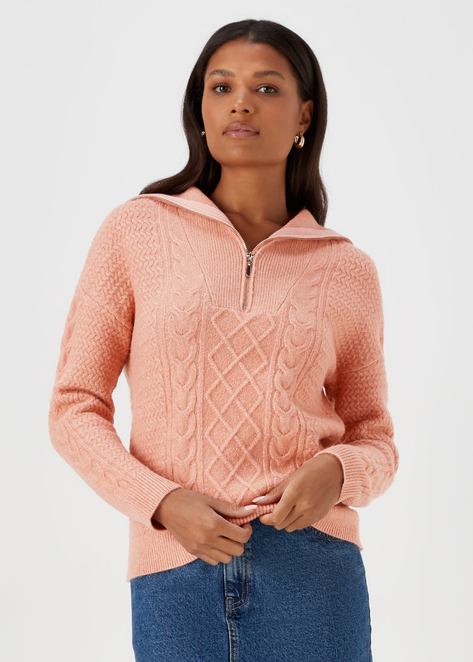 Pink Zip Neck Cable Knit Jumper