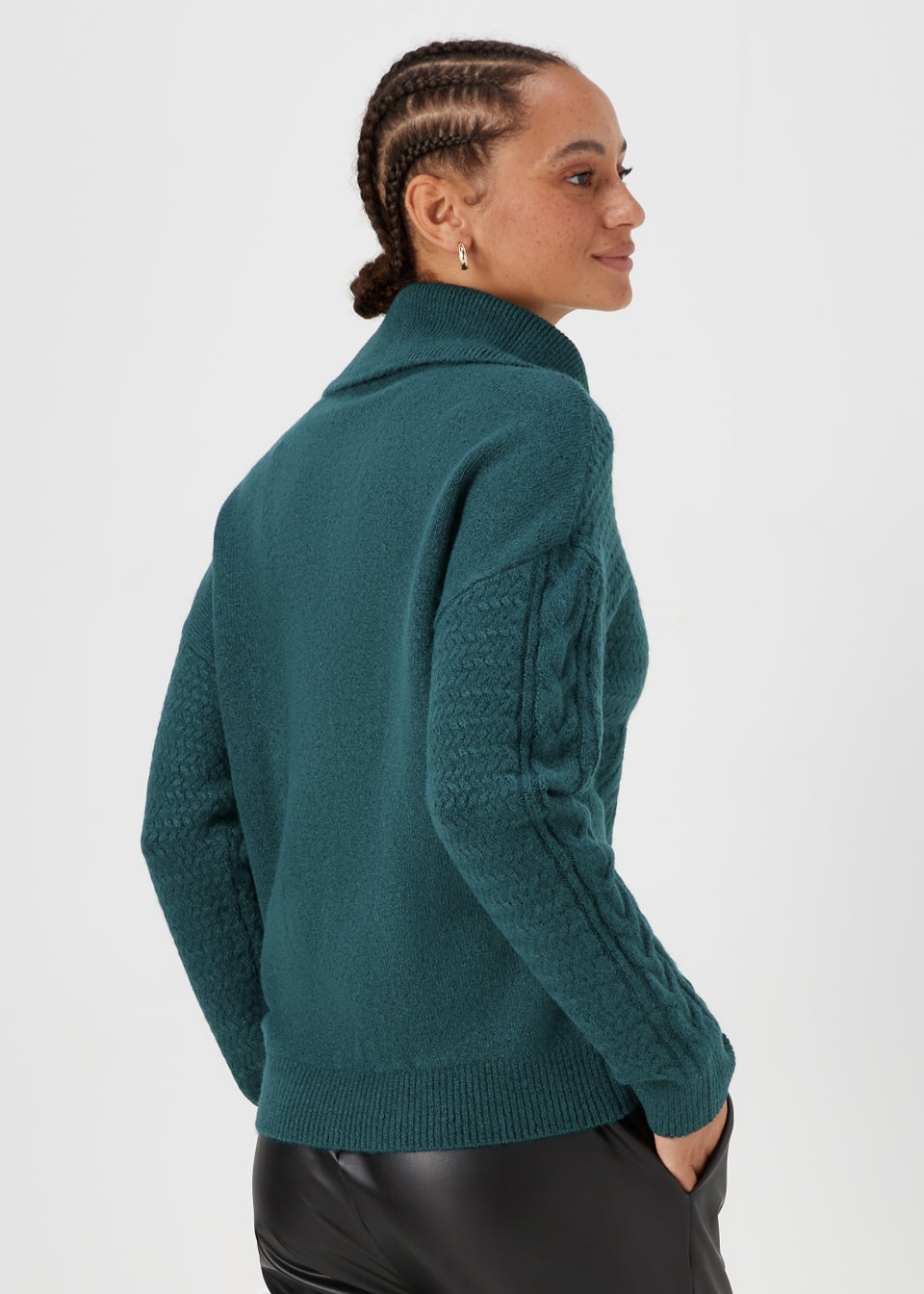 Teal Zip Neck Cable Knit Jumper