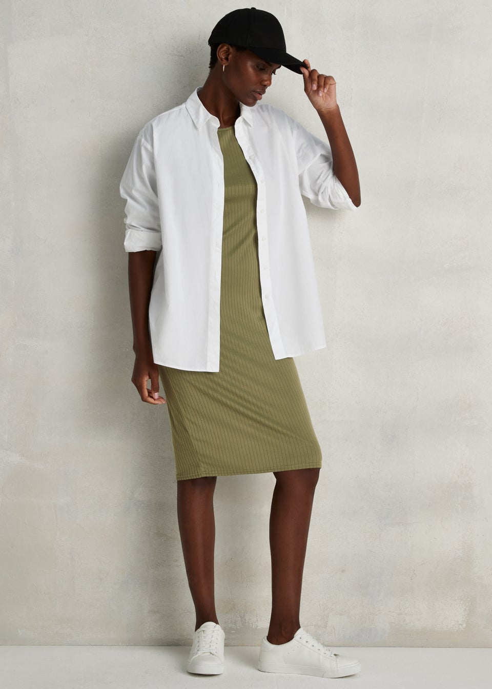 Khaki Cut Out Ribbed Midi Dress