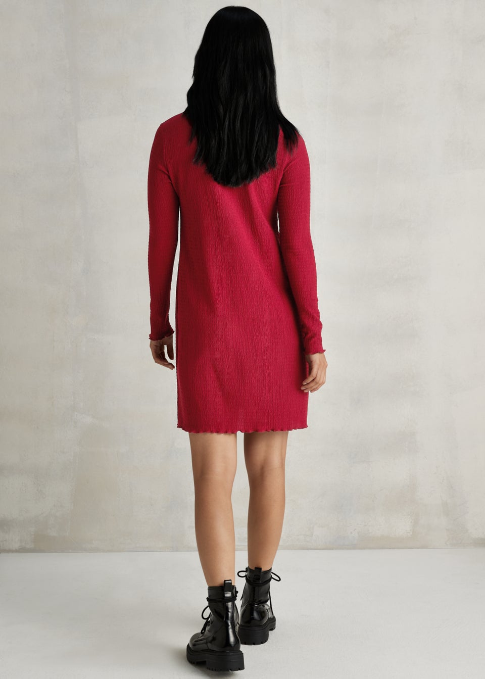 Burgundy Textured Round Neck Mini Dress