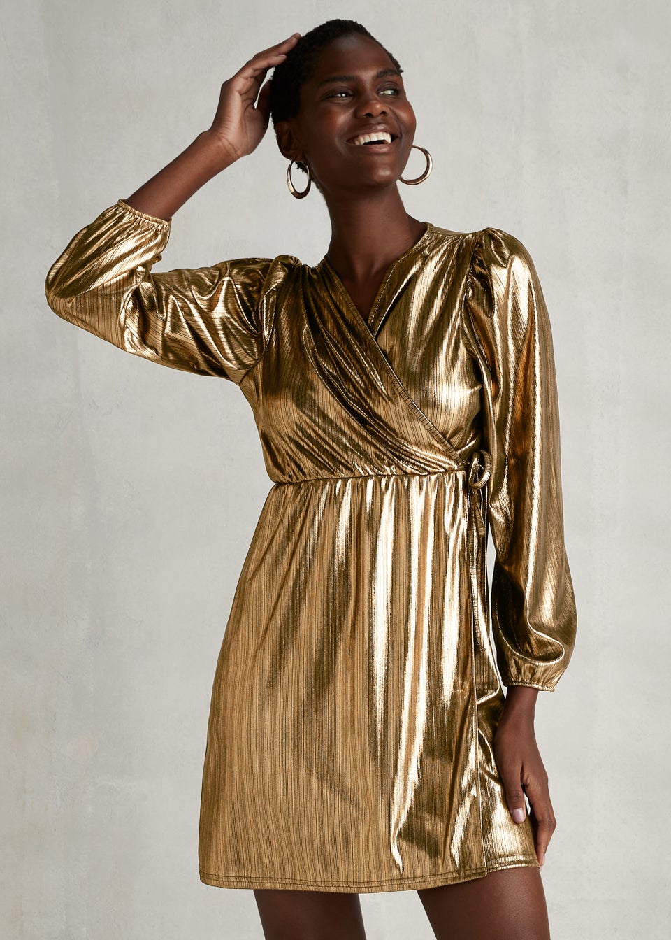 Gold Plisse Wrap Mini Dress